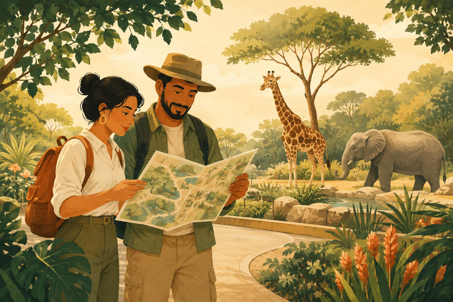 Two local explorers reading a zoo map